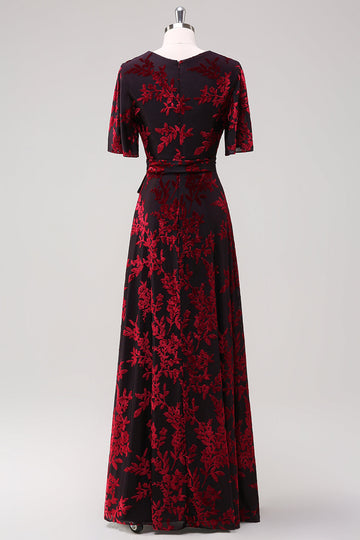 Borgonha Uma Linha Burnout Veludo Vestido Longo Baile